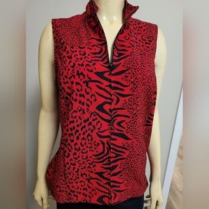 CHICO'S red & black leopard tiger zip up top short sleeves